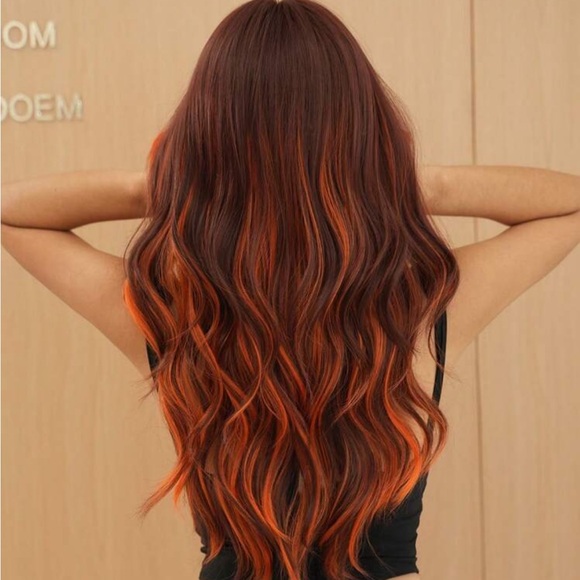 Flame Orange Highlight Wigs For Women Soft Long Wavy Wig With Curtain Bangs - Picture 3 of 6